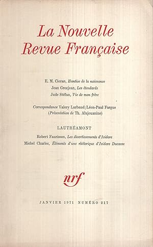 Imagen del vendedor de La Nouvelle Revue Franaise Janvier 1971 N 217 a la venta por Librairie Lalibela