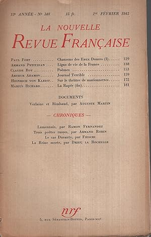 Seller image for La Nouvelle Revue Franaise Fvrier 1943 N 348 for sale by Librairie Lalibela