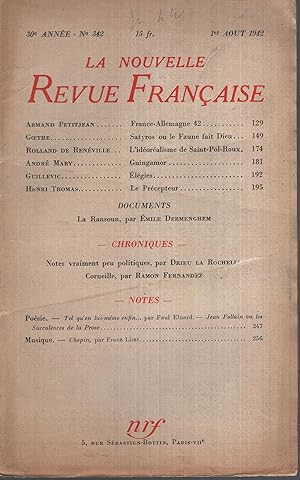 Image du vendeur pour La Nouvelle Revue Franaise Aot 1942 N 342 mis en vente par Librairie Lalibela