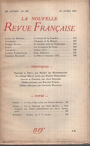 Image du vendeur pour La Nouvelle Revue Franaise Avril 1941 N 326 mis en vente par Librairie Lalibela