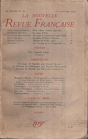 Immagine del venditore per La Nouvelle Revue Franaise Janvier 1940 N 316 venduto da Librairie Lalibela