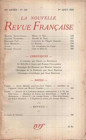 Seller image for La Nouvelle Revue Franaise Aot 1941 N 330 for sale by Librairie Lalibela