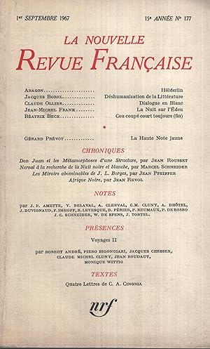 Bild des Verkufers fr La Nouvelle Revue Franaise Septembre 1967 N 177 zum Verkauf von Librairie Lalibela