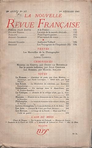 Bild des Verkufers fr La Nouvelle Revue Franaise Fvrier 1940 N 317 zum Verkauf von Librairie Lalibela