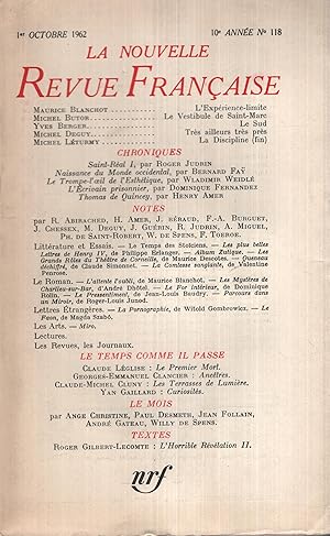 Imagen del vendedor de La Nouvelle Revue Franaise Octobre 1962 N 118 a la venta por Librairie Lalibela