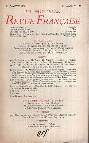 Seller image for La Nouvelle Revue Franaise Janvier 1962 N 109 for sale by Librairie Lalibela