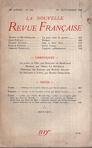 Bild des Verkufers fr La Nouvelle Revue Franaise Septembre 1941 N 331 zum Verkauf von Librairie Lalibela