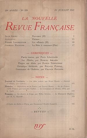 Bild des Verkufers fr La Nouvelle Revue Franaise Juillet 1941 N 329 zum Verkauf von Librairie Lalibela