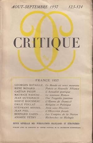 Immagine del venditore per Critique n 123-124 aout septembre 1957 venduto da Librairie Lalibela