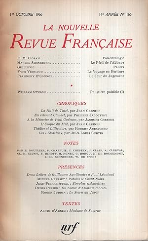 Imagen del vendedor de La Nouvelle Revue Franaise Octobre 1966 N 166 a la venta por Librairie Lalibela