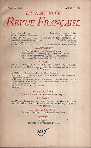 Bild des Verkufers fr La Nouvelle Revue Franaise Aot 1963 N 128 zum Verkauf von Librairie Lalibela