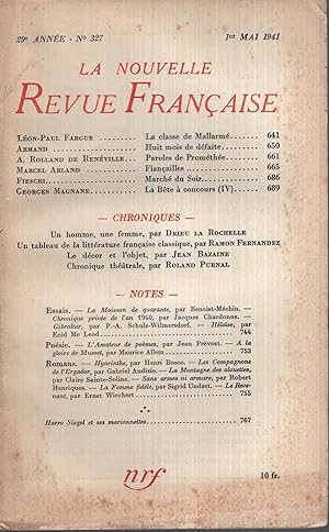 Immagine del venditore per La Nouvelle Revue Franaise Mai 1941 N 327 venduto da Librairie Lalibela