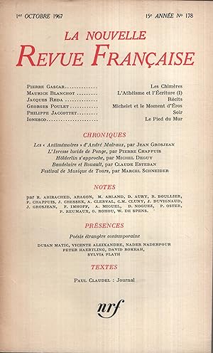 Immagine del venditore per La Nouvelle Revue Franaise Octobre 1967 N 178 venduto da Librairie Lalibela