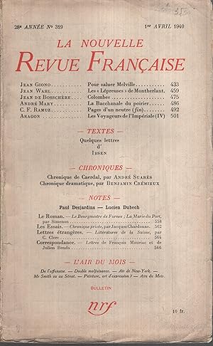 Bild des Verkufers fr La Nouvelle Revue Franaise Avril 1940 N 319 zum Verkauf von Librairie Lalibela