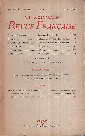 Imagen del vendedor de La Nouvelle Revue Franaise Aot 1942 N 342 a la venta por Librairie Lalibela