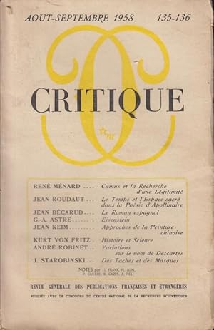 Seller image for Critique n 135-136 aout septembre 1958 for sale by Librairie Lalibela