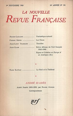 Imagen del vendedor de La Nouvelle Revue Franaise Novembre 1968 N 191 a la venta por Librairie Lalibela