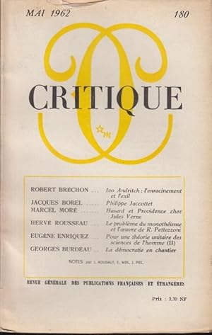 Imagen del vendedor de Critique n 180 mai 1962 a la venta por Librairie Lalibela