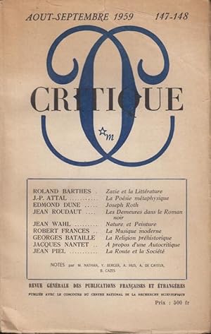 Imagen del vendedor de Critique n 147-148 aout-septembre 1959 a la venta por Librairie Lalibela