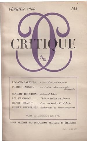 Seller image for Critique n 153 fvrier 1960 for sale by Librairie Lalibela