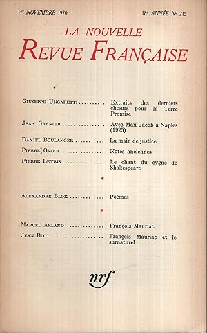 Seller image for La Nouvelle Revue Franaise Novembre 1970 N 215 for sale by Librairie Lalibela