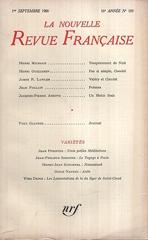 Bild des Verkufers fr La Nouvelle Revue Franaise Septembre 1968 N 189 zum Verkauf von Librairie Lalibela
