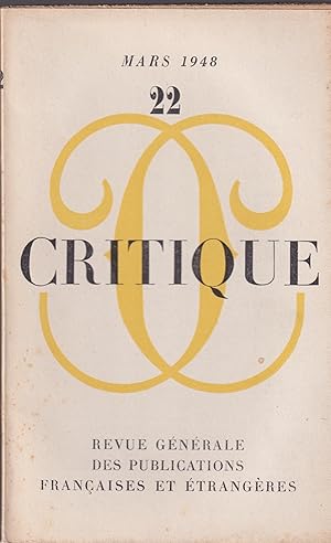 Imagen del vendedor de Critique. - Revue Gnrale des Publications Franaises et trangres. - N 22 - Tome IV - 3 Anne - Mars 1948. a la venta por Librairie Lalibela