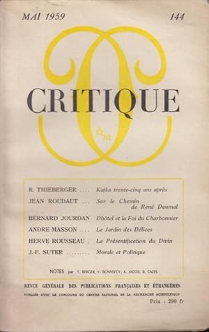 Imagen del vendedor de Critique n 144 mai 1959 a la venta por Librairie Lalibela