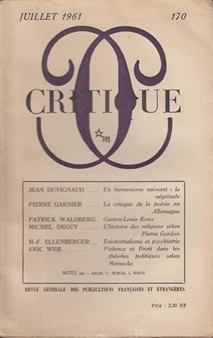 Imagen del vendedor de Critique n 170 juillet 1961 a la venta por Librairie Lalibela