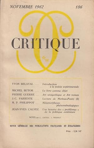 Imagen del vendedor de Critique n 186 novembre 1962 a la venta por Librairie Lalibela