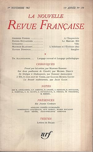 Imagen del vendedor de La Nouvelle Revue Franaise Novembre 1967 N 179 a la venta por Librairie Lalibela