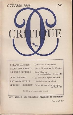 Image du vendeur pour Critique n 185 octobre 1962 mis en vente par Librairie Lalibela