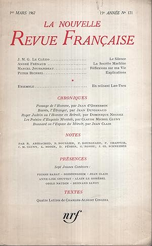 Bild des Verkufers fr La Nouvelle Revue Franaise Mars 1967 N 171 zum Verkauf von Librairie Lalibela