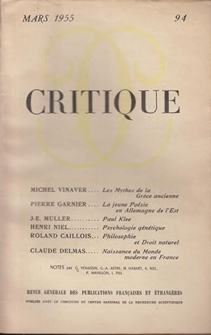 Image du vendeur pour Critique n 94 mars 1955 mis en vente par Librairie Lalibela