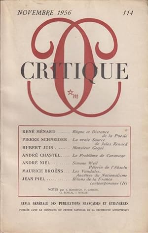 Bild des Verkufers fr Critique n 114 novembre 1956 zum Verkauf von Librairie Lalibela