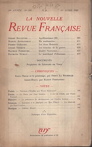 Seller image for La Nouvelle Revue Franaise Avril 1942 N 338 for sale by Librairie Lalibela