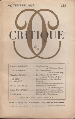 Imagen del vendedor de Critique n 126 novembre 1957 a la venta por Librairie Lalibela