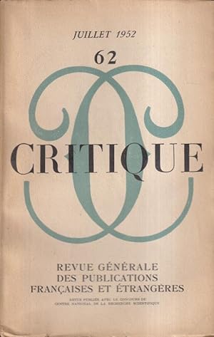 Seller image for Critique. - Revue gnrale des publications franaises et trangres. - N 62 - Tome VIII for sale by Librairie Lalibela