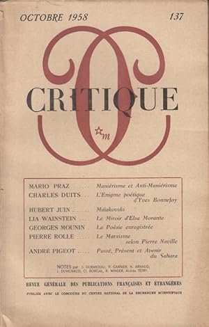 Bild des Verkufers fr Critique n 137 octobre 1958 zum Verkauf von Librairie Lalibela