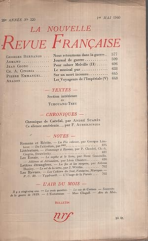 Immagine del venditore per La Nouvelle Revue Franaise Mai 1940 N 320 venduto da Librairie Lalibela