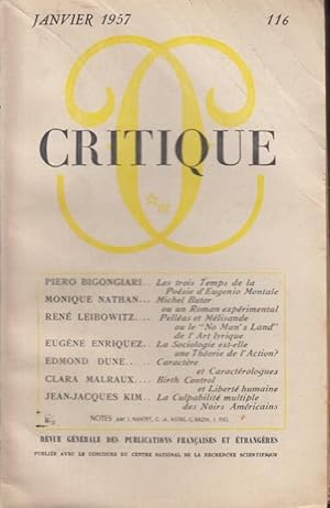 Imagen del vendedor de Critique n 116 janvier 1957 a la venta por Librairie Lalibela