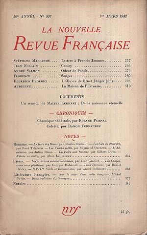 Immagine del venditore per La Nouvelle Revue Franaise Mars 1942 N 337 venduto da Librairie Lalibela