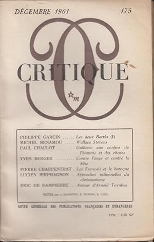 Imagen del vendedor de Critique n 175 dcembre 1961 a la venta por Librairie Lalibela