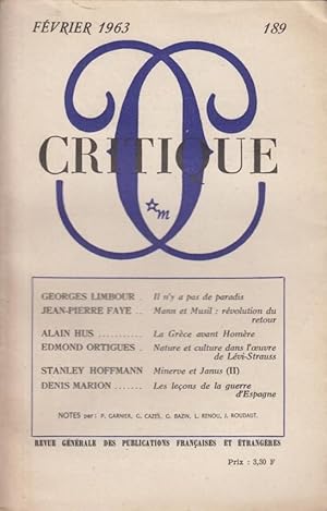 Image du vendeur pour Critique n 189 fvrier 1963 mis en vente par Librairie Lalibela