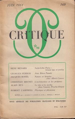 Seller image for Critique n 169 juin 1961 for sale by Librairie Lalibela