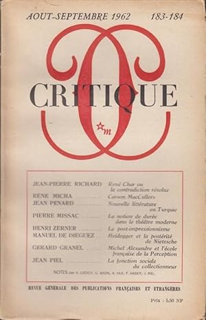 Immagine del venditore per Critique n 183-184 aout-septembre 1962 venduto da Librairie Lalibela