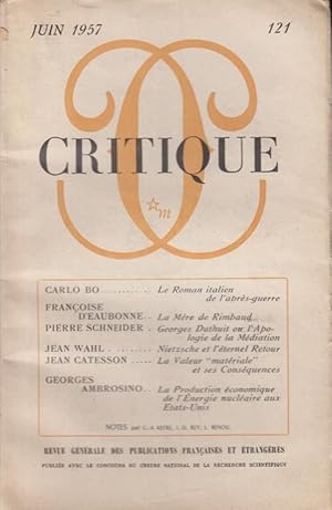 Bild des Verkufers fr Critique n 121 juin 1957 zum Verkauf von Librairie Lalibela