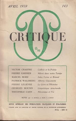 Seller image for Critique n 143 avril 1959 for sale by Librairie Lalibela