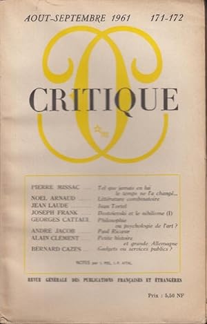 Imagen del vendedor de Critique n 171-172 aout-septembre 1961 a la venta por Librairie Lalibela