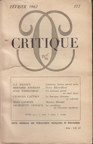 Imagen del vendedor de Critique n 177 fvrier 1962 a la venta por Librairie Lalibela